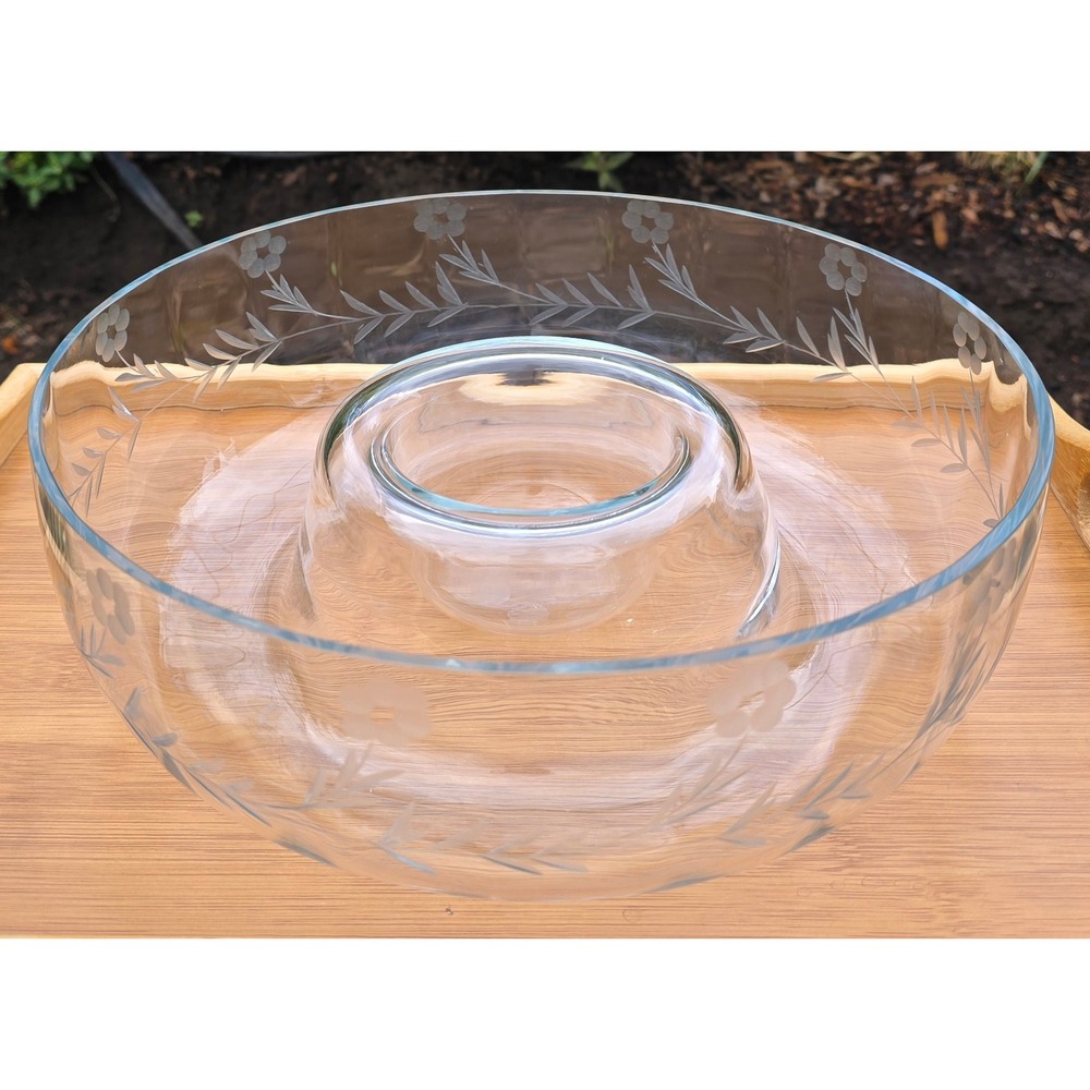 Princess House Crystal Chip and Dip Bowl Clear Heritage Floral Etched Vtg 80s